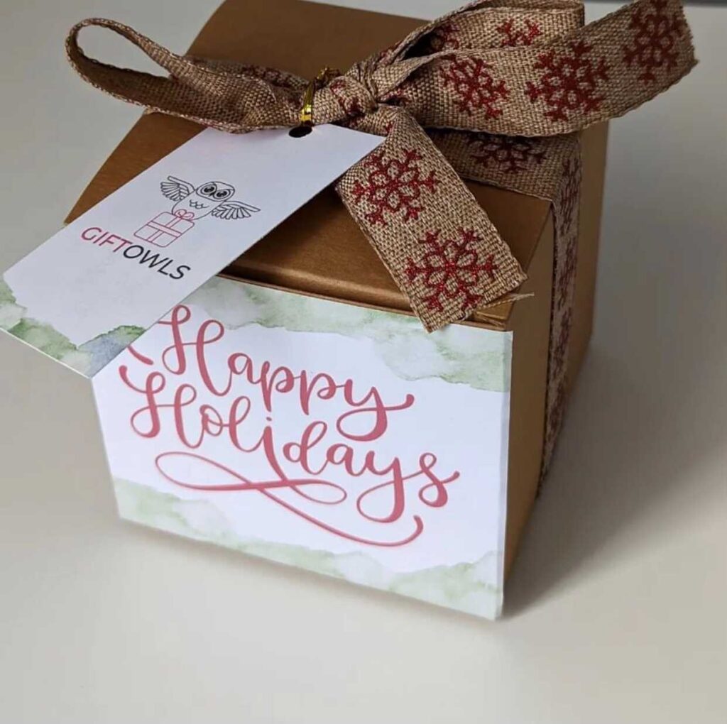A cute little gift box personalized for a client by Gift Owls