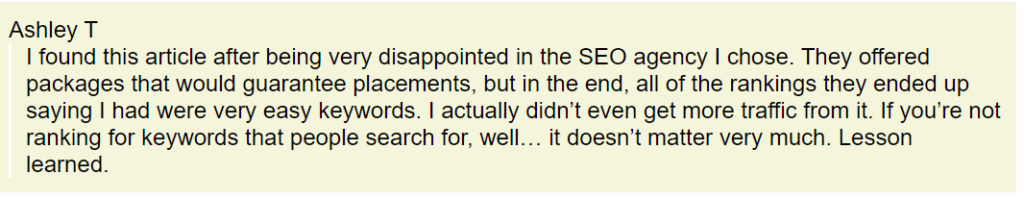 Comments from a customer on Scam behind SEO rankings